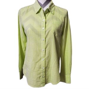 Ellen Tracy Green & White Gingham Long Sleeve Cotton Button Up Shirt Sz  L EUC